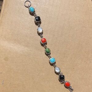 Multicolor vintage  Stone Sterling silver  Link Bracelet - 7 inches Excellent